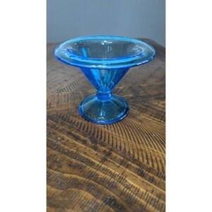 Vintage Aqua Blue Glass Footed Compote Pedestal Bowl Fluted Optic UV Reactive